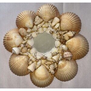 Vintage 1980s Handmade Real Seashell Round Wall Mirror 10.5" Coastal Beach Decor